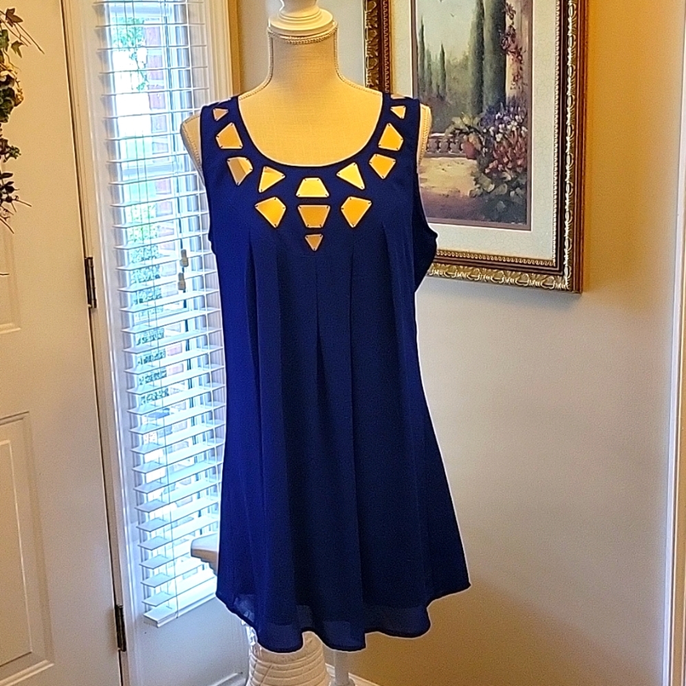 Blu pepper royal blue sleeveless dress metallic gold trim exposed zipper L EUC…